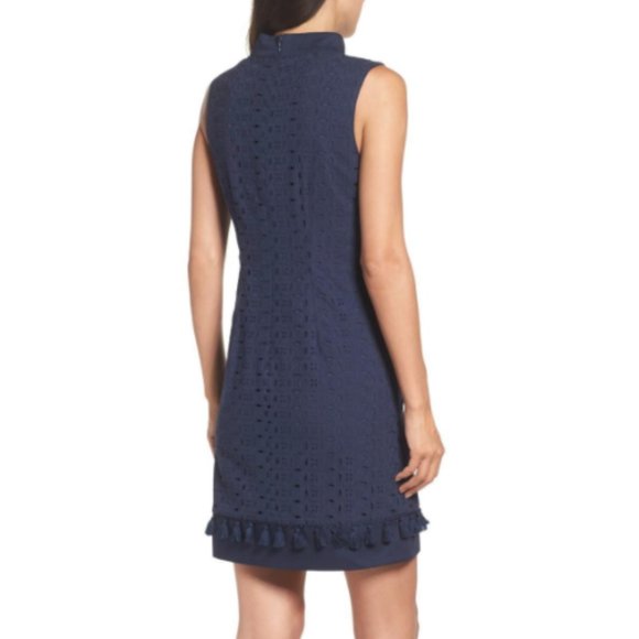 Eliza J Mandarin Collar Lace Shift Dress in Navy - Picture 2 of 9